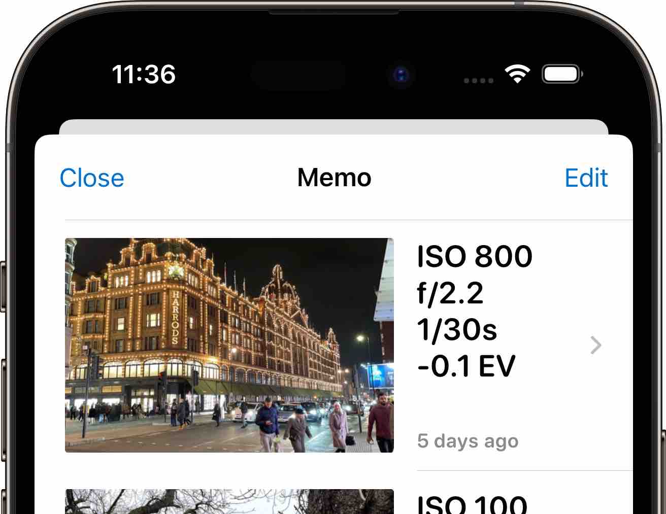 List of memos of exposure settings with a photo of the scene